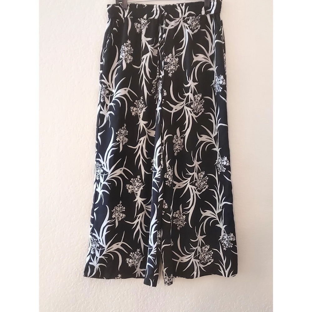 Black White Floral Wide Leg Lined Beach Pants Boho Tassel Elastic Waist Resort